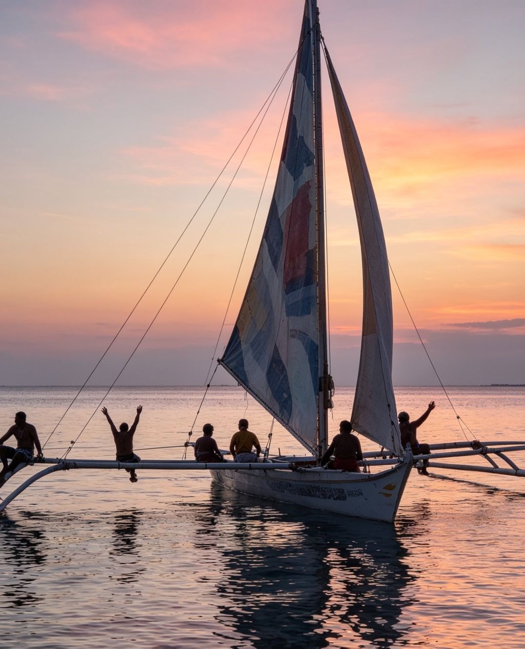 A paraw sailing at sunset