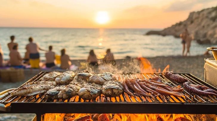 Seafood grilling over an open fire on the beach at sunset
