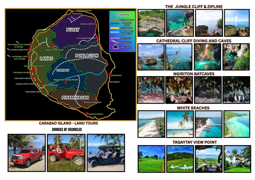 Carabao Island land tour map with the jungle cliff and zip-line, Cathedral cliff diving and caves, Ngiriton bat caves, white beaches, Tagaytay viewpoint and our tour vehicles