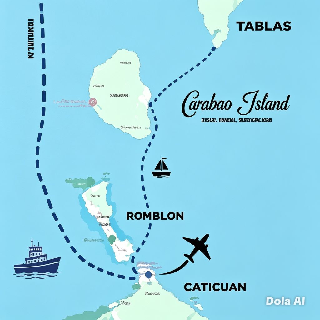 Illustrated map of the routes to Carabao Island from Caticlan, Romblon and Tablas