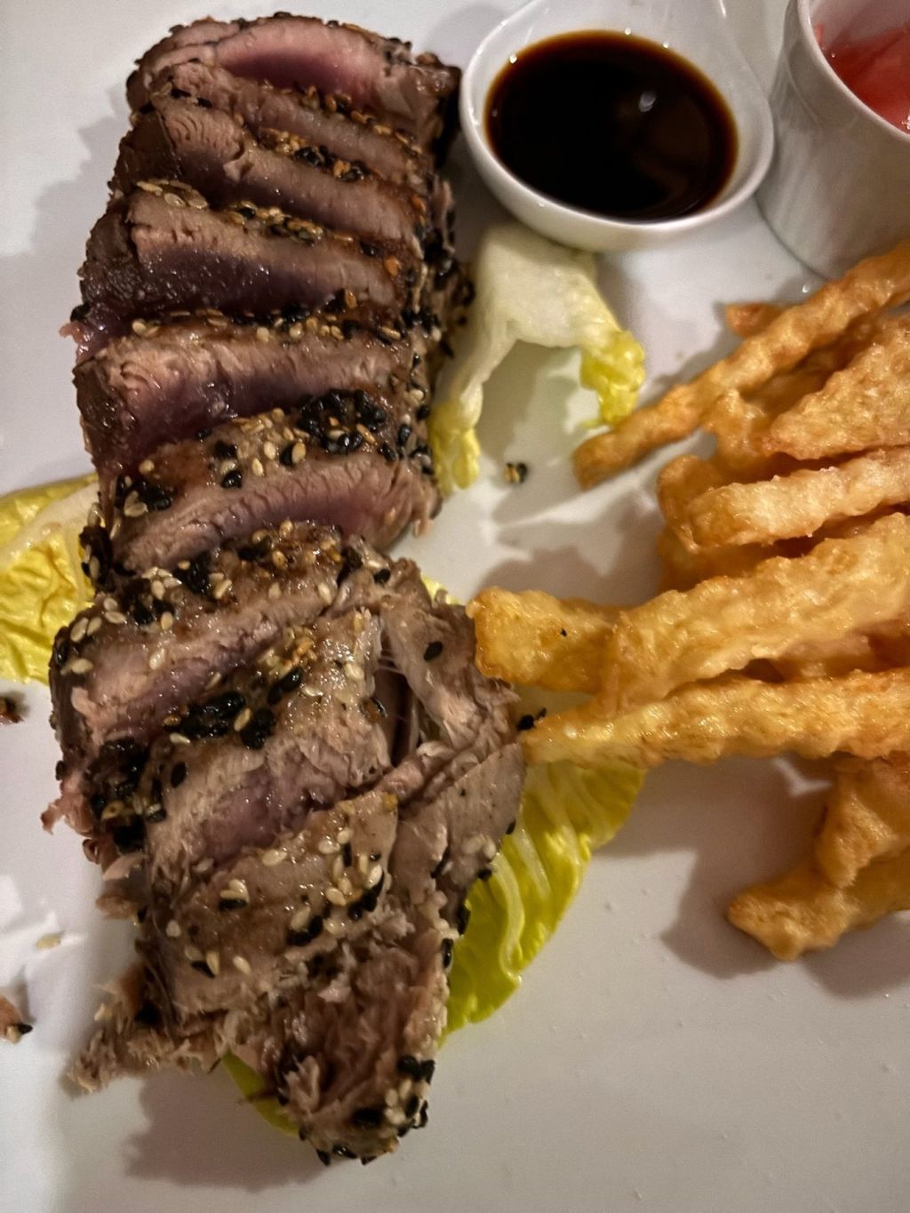 Seared sesame tuna with chips from our kitchen