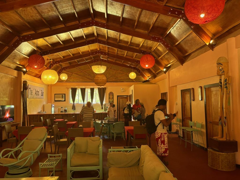 The lantern-lit events hall, set up for a group