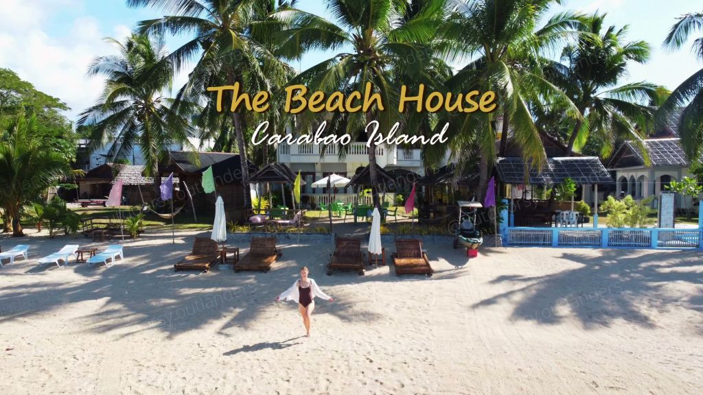 Aerial view of The Beach House on the beach of Carabao Island, palms behind the sun loungers
