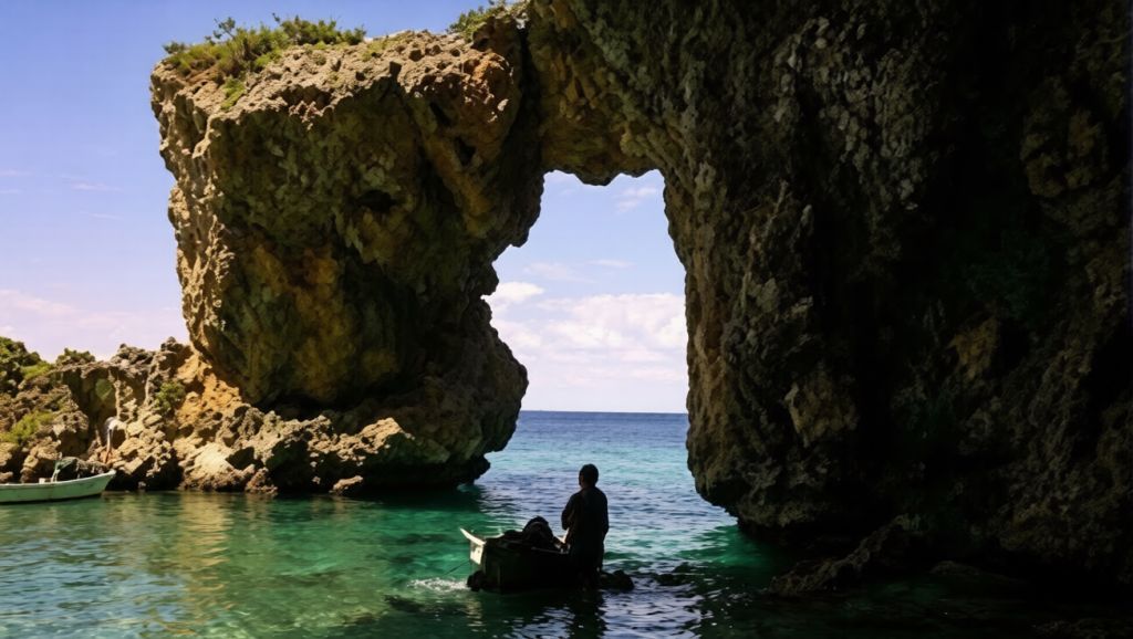 Carabao Island's towering natural rock arch over clear water